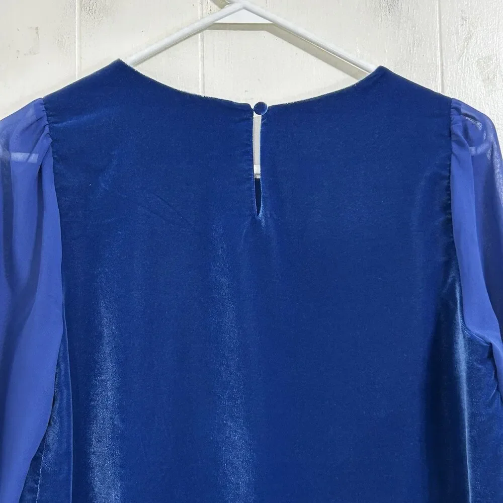 J.Crew Velvet Puff-Sleeve Top Size XXS Blue Round Necklace Pullover Blouse Top